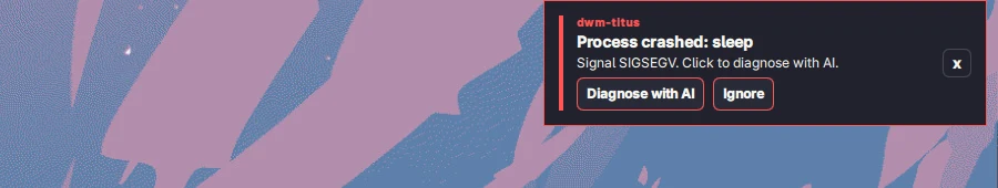 Ειδοποίηση Process crashed με κουμπιά Diagnose with AI και Ignore