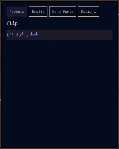 Αναζήτηση flip μέσα στα Recents: βρίσκει το kaomoji με το τραπέζι