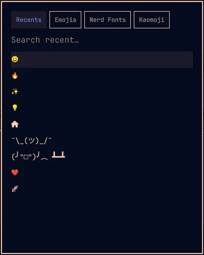 Η καρτέλα Recents με τα τελευταία emoji, ένα kaomoji και σύμβολα