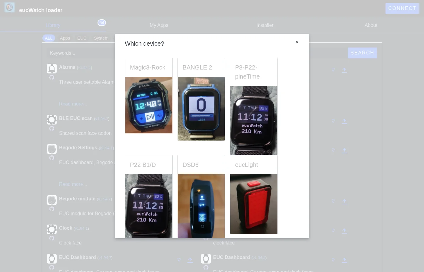 Ο web loader του eucWatch ρωτά ποιο ρολόι έχεις: Magic3/Rock, Bangle.js 2, P8/P22/PineTime, P22 B1/D, DSD6 και eucLight