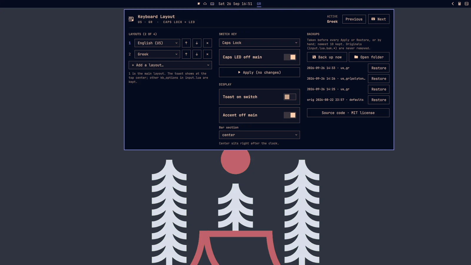 The bar showing GR and the Keyboard Layout 1.2 panel