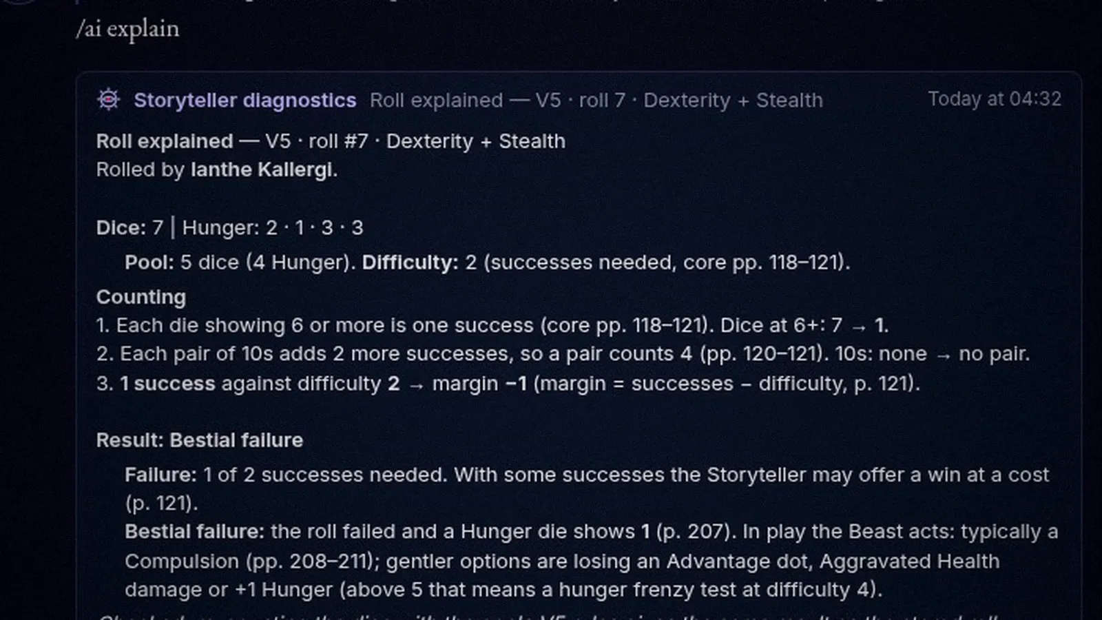/ai explain on a bestial failure: the dice, the counting step by step and the corebook pages