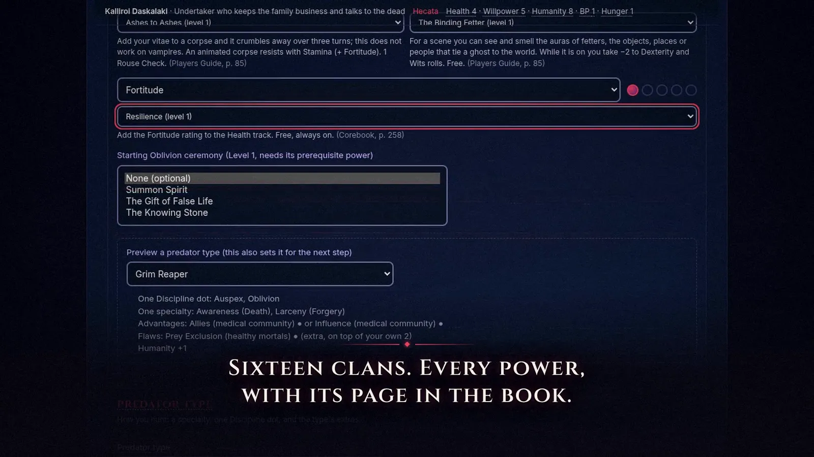 The new forge: powers picked from a list with their description and page, and the predator type preview