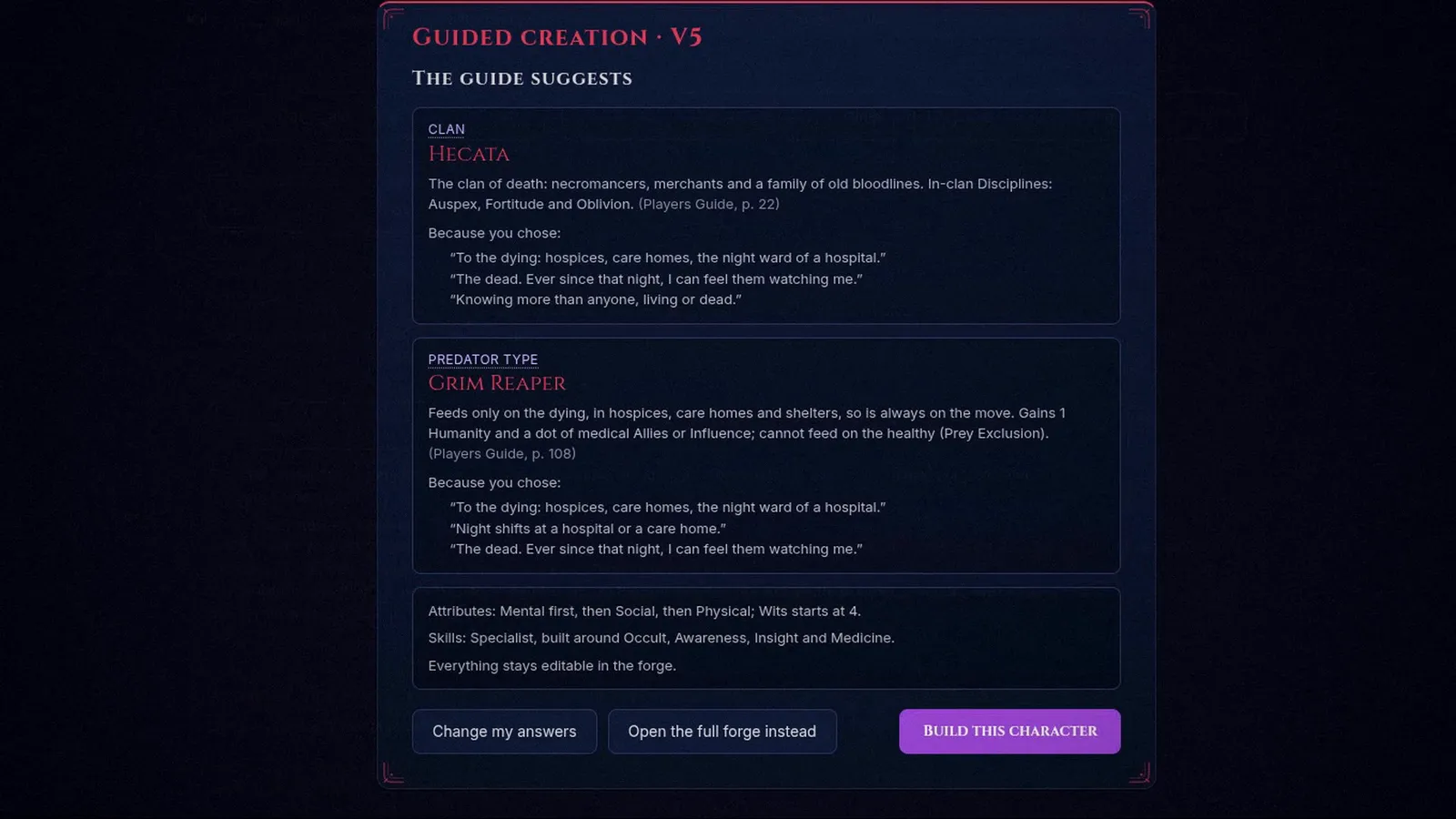 Guided mode suggests Hecata and Grim Reaper, with the answers behind it