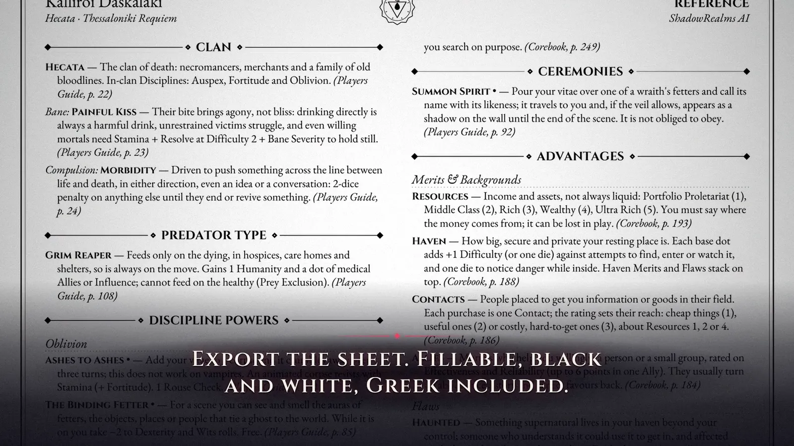 The PDF’s Reference page with the clan, predator type, powers and Advantages