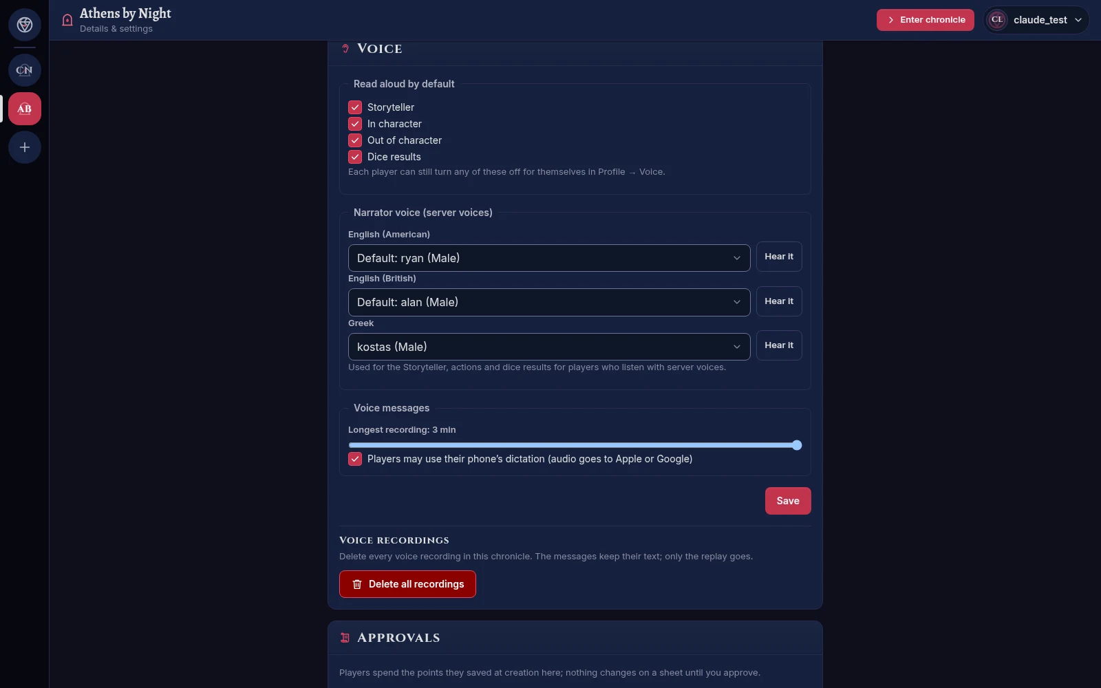 A chronicle’s voice settings: what is read by default, narrator voices and the longest recording