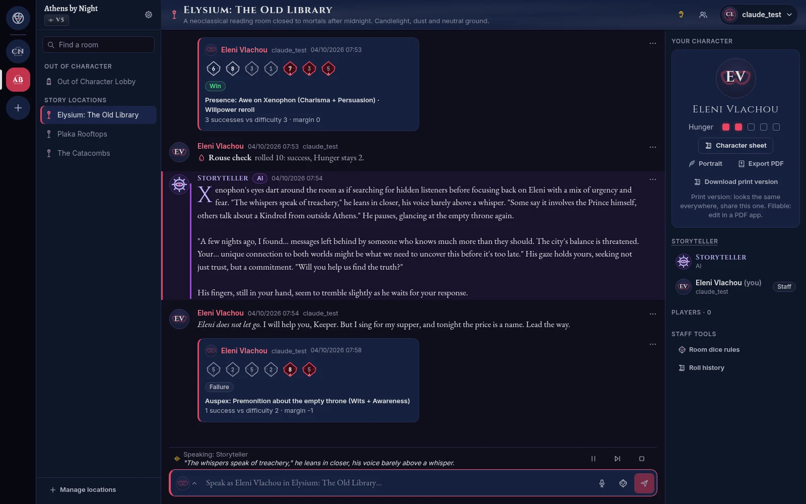 A Storyteller reply being read aloud: the message highlighted and the current sentence in the speaking bar