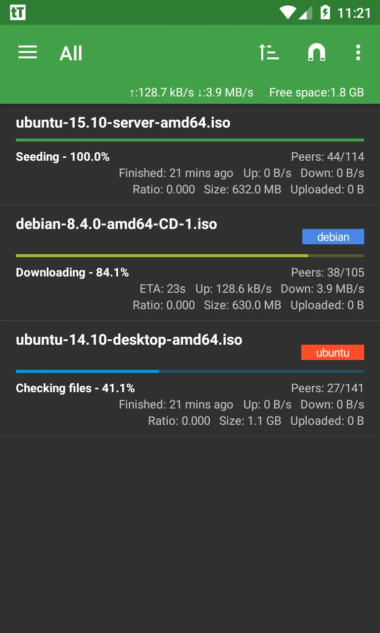Λίστα torrents στην εφαρμογή tTorrent