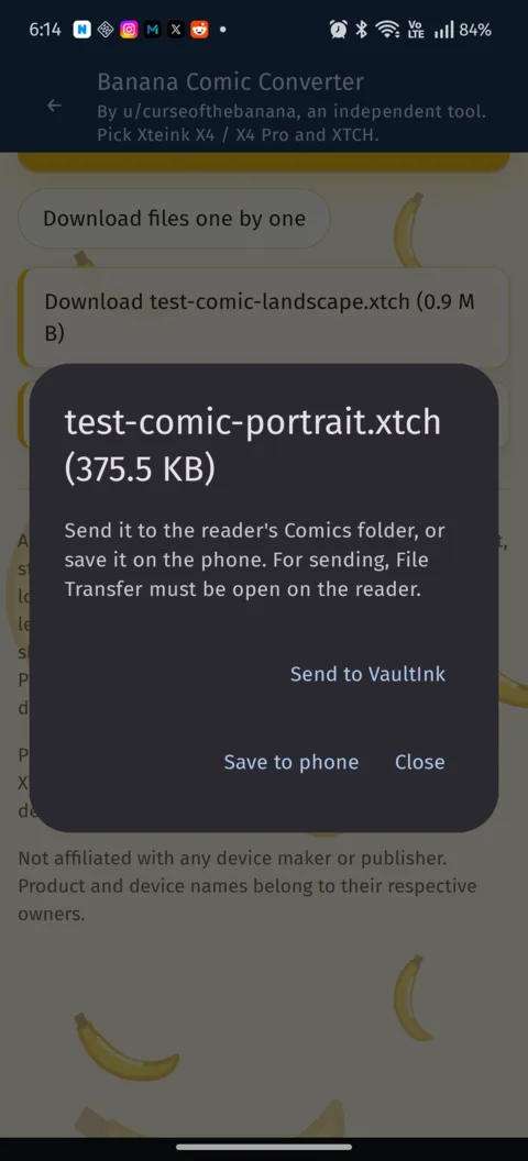 The app asks: Send to VaultInk or Save to phone