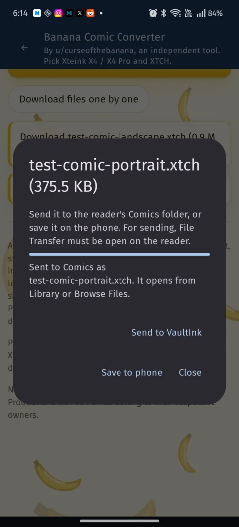 The comic was sent to the reader's Comics folder