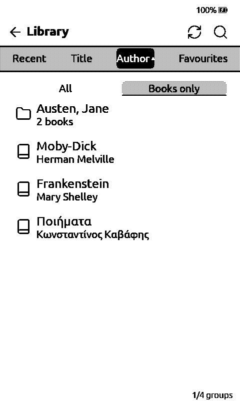 The Library's Author tab with authors as folders