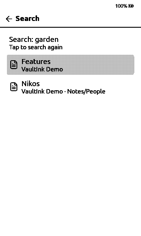 Search results from the demo vault