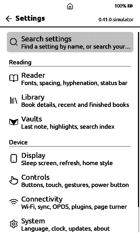 Settings, grouped by task, with settings search at the top
