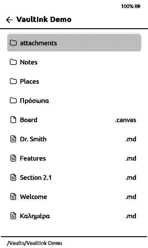 The demo vault's folders and notes, with a canvas